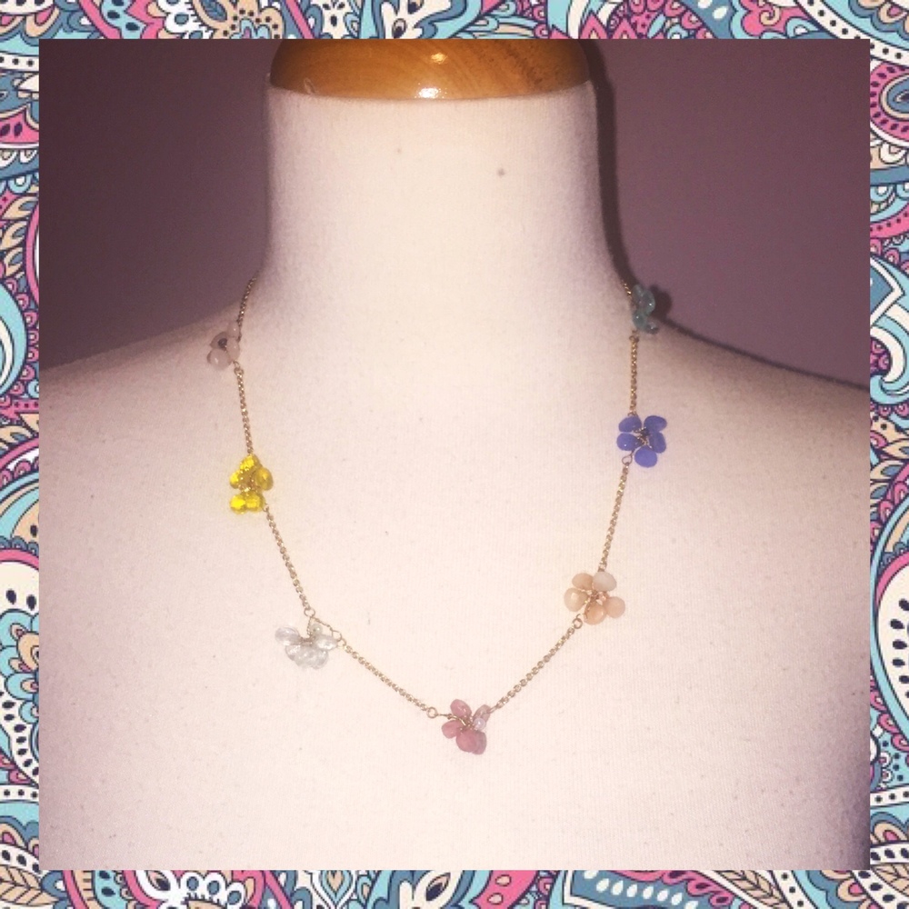 Anthropologie Gold Beaded Flower Gemstone Necklace